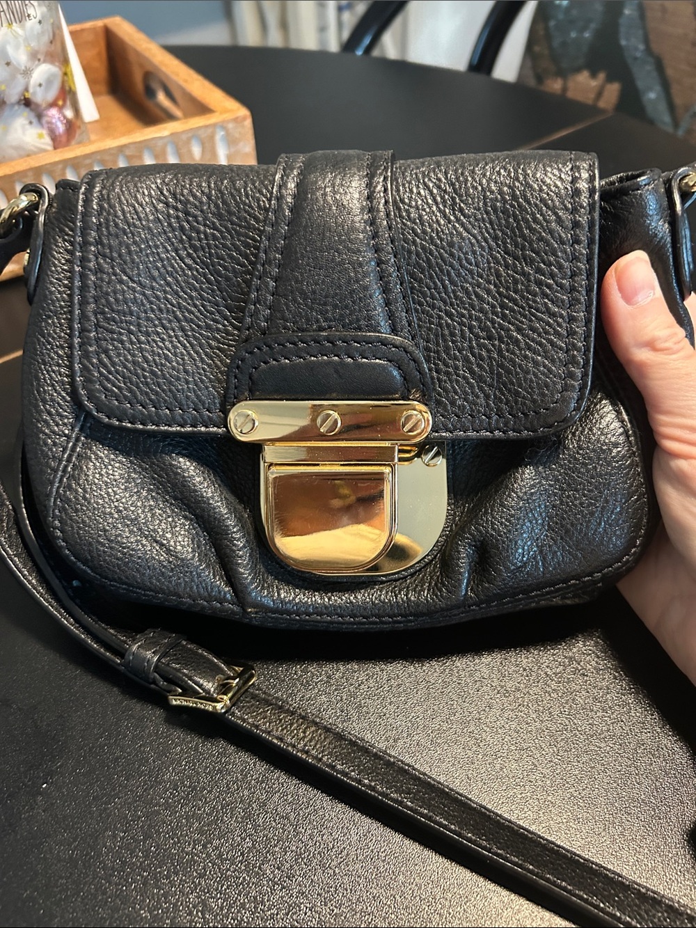 Black Leather Crossbody Bag with Gold-Tone Lock